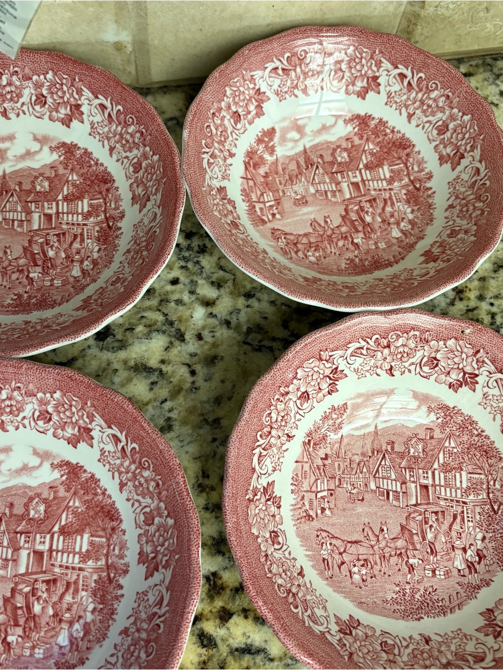 Red Transferware Dinnerware Bowls - Classic Floral Village Pattern